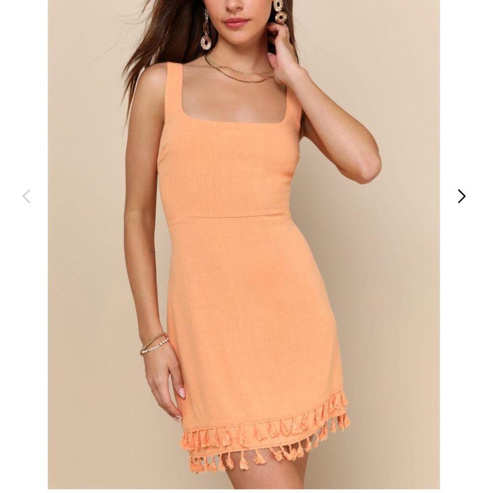 Lulus Linen Blend Feel the Sunshine Washed Orange Tassel Mini Dress Size Large
